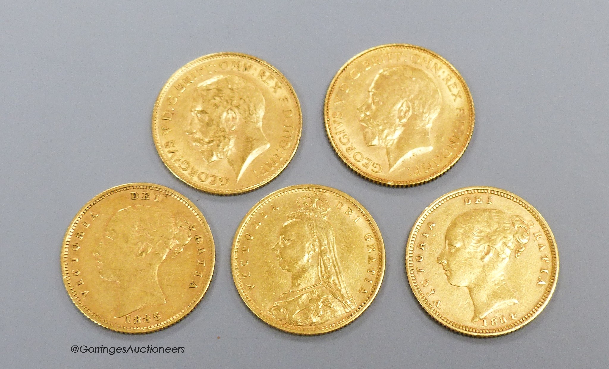 Five gold half sovereigns, 1884, nicks otherwise good F, 1885, F, 1892 good F, 1912, VF, 1925SA, good VF